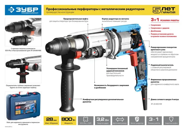 800 Вт, 28 мм, перфоратор SDS Plus, серия Профессионал ЗУБР — фото 8