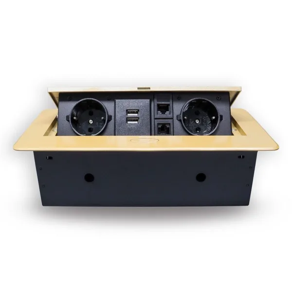 Розетка горизонтальная выдвижная 2 Euro 16А, 2 USB A с блоком 5В/2.1А, 2 RJ45 RocketSocket, проводка, цвет золотой — фото 2