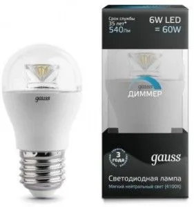 Лампа св/д шар G45 6W Е27 4100К Прозрачный Диммир. GAUSS