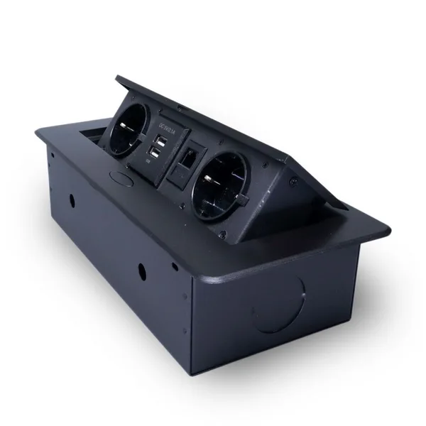 Розетка горизонтальная выдвижная 2 Euro 16А, 2 USB A с блоком 5В/2.1А, RJ45 RocketSocket, проводка, цвет черный — фото 2