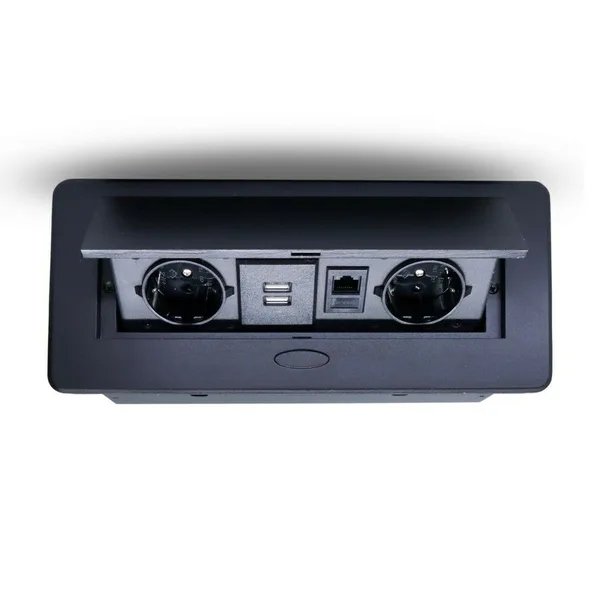 Розетка горизонтальная выдвижная 2 Euro 16А, 2 USB A с блоком 5В/2.1А, RJ45 RocketSocket, проводка, цвет черный — фото 3