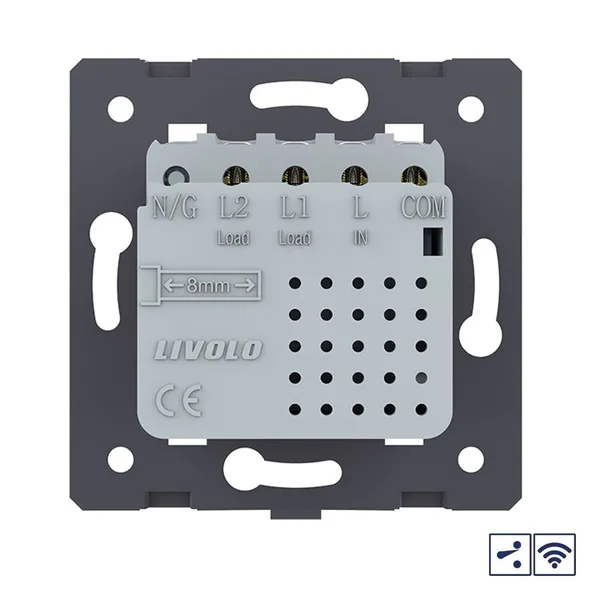Двухклавишный проходной сенсорный выключатель Module с радиоупр., цвет серый (механизм) Livolo — фото 4