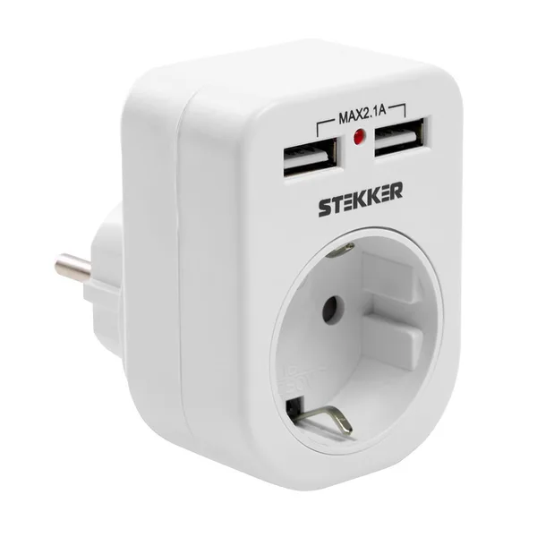 СНЯТ Переходник сетевой с/з c 2 USB 2,1А, STEKKER ADP16-24-20, 250В, 16A, IP20, белый