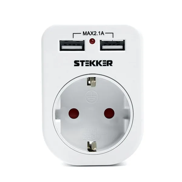 СНЯТ Переходник сетевой с/з c 2 USB 2,1А, STEKKER ADP16-24-20, 250В, 16A, IP20, белый — фото 2