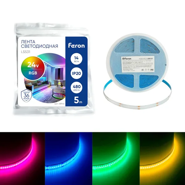 Лента светодиодная 480SMD(2110)/ 14Вт/м 24V 5000*8*1.8мм RGB, IP20, LS531 FERON — фото 9