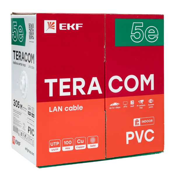 Кабель витая пара TERACOM Cat,5E U/UTP 4 пары solid оболочка PVC цвет серый (упак, 305м) EKF — фото 3