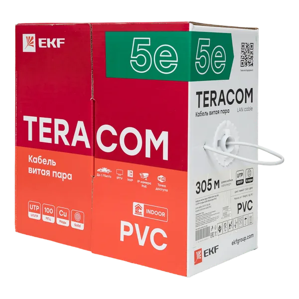 Кабель витая пара TERACOM Cat,5E U/UTP 4 пары solid оболочка PVC цвет серый (упак, 305м) EKF — фото 4