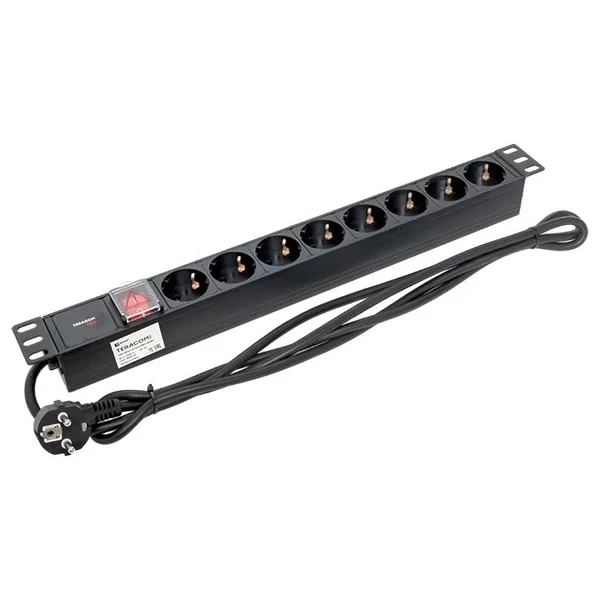 Блок розеток PDU TERACOM PRO 19" 1U 16А/250В 8 розеток Schuko с выключателем шнур питания длиной 2 метра сечение 3x1,5 мм2 вилка Schuko корпус алюмини EKF — фото 3
