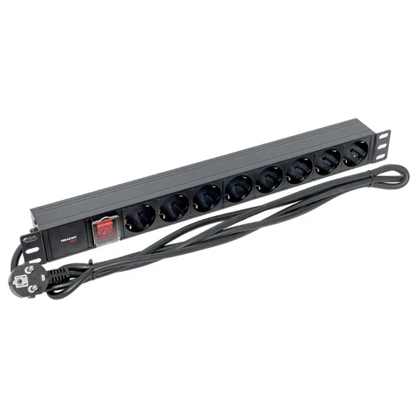 Блок розеток PDU TERACOM PRO 19" 1U 16А/250В 8 розеток Schuko с выключателем шнур питания длиной 2 метра сечение 3x1,5 мм2 вилка Schuko корпус алюмини EKF — фото 4
