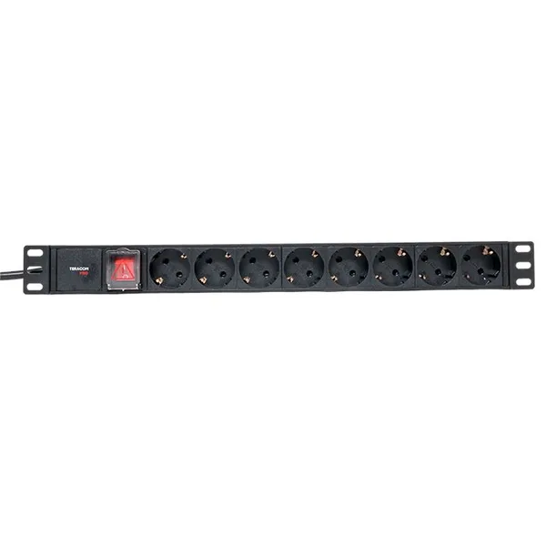 Блок розеток PDU TERACOM PRO 19" 1U 16А/250В 8 розеток Schuko с выключателем шнур питания длиной 2 метра сечение 3x1,5 мм2 вилка Schuko корпус алюмини EKF — фото 2