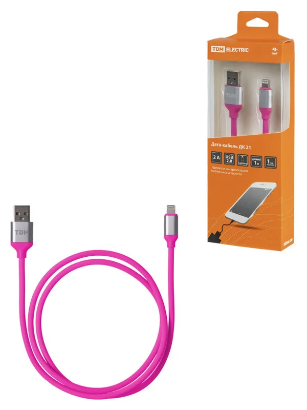 Дата-кабель, ДК 21, USB - Lightning, 1 м, силиконовая оплетка, розовый, TDM — фото 4