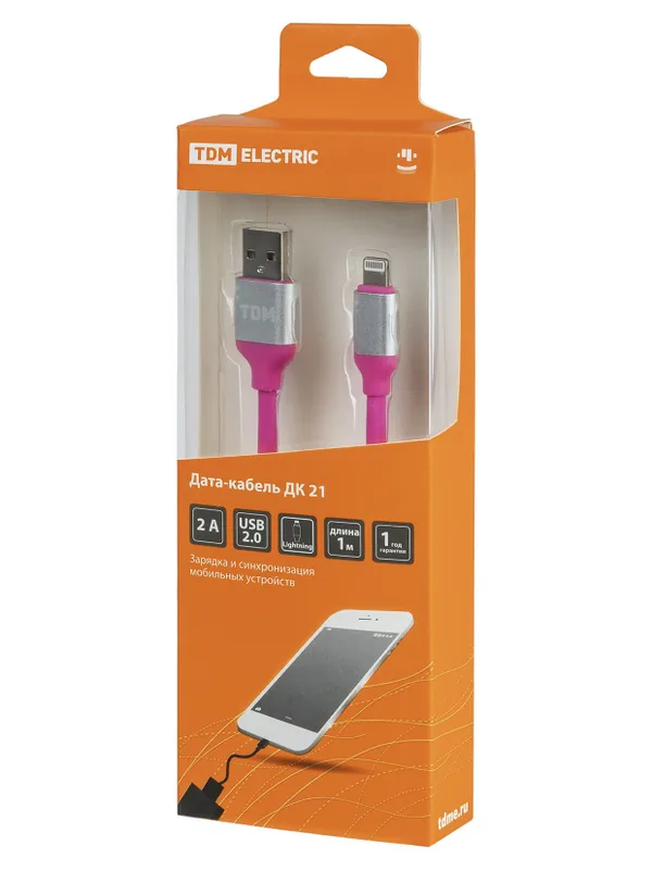Дата-кабель, ДК 21, USB - Lightning, 1 м, силиконовая оплетка, розовый, TDM — фото 2