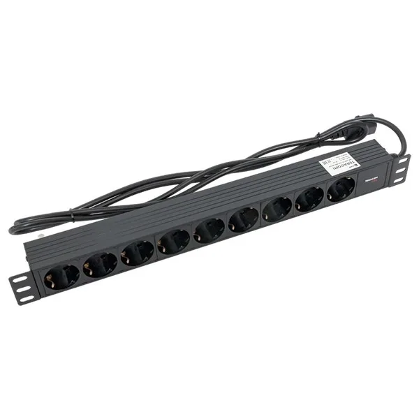 Блок розеток PDU TERACOM PRO 19" 1U 10А/250В 9 розеток Schuko шнур питания длиной 2 метра сечение 3x1,5 мм2 вилка C14 корпус пластик черный EKF — фото 4