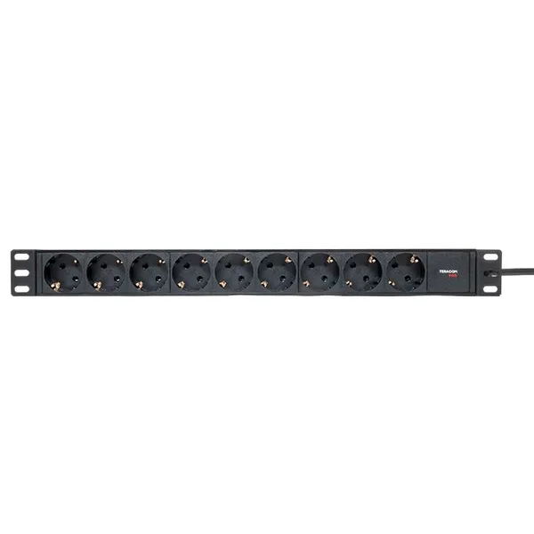 Блок розеток PDU TERACOM PRO 19" 1U 10А/250В 9 розеток Schuko шнур питания длиной 2 метра сечение 3x1,5 мм2 вилка C14 корпус пластик черный EKF — фото 2
