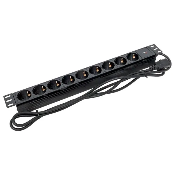 Блок розеток PDU TERACOM PRO 19" 1U 10А/250В 9 розеток Schuko шнур питания длиной 2 метра сечение 3x1,5 мм2 вилка C14 корпус пластик черный EKF — фото 3