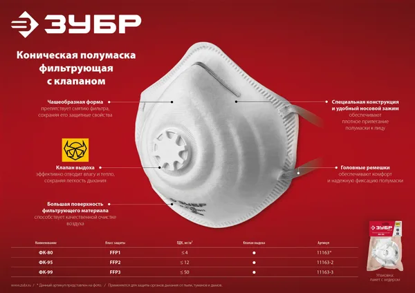 Коническая фильтрующая полумаска ФК-99, класс защиты FFP3, с клапаном выдоха ЗУБР — фото 4