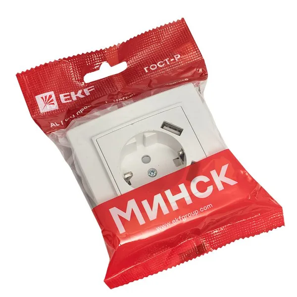 Минск Розетка 1-местная СП с/з 16А белая с защ, штор, с 2 USB 2,1А EKF — фото 2