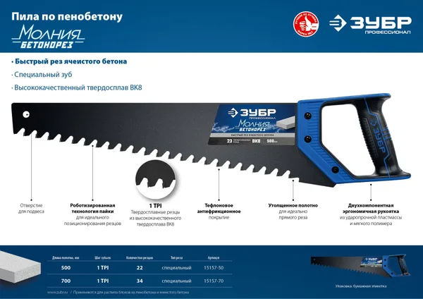 Ножовка по пенобетону (пила) БЕТОНОРЕЗ 700 мм, шаг 20 мм, 34 твердосплавных резца, твердосплавные напайки, тефлоновое покрытие, ЗУБР — фото 2