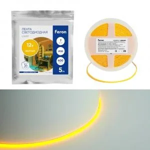 Лента светодиодная 400SMD(2110)/ 7Вт/м 12V 5000x3x1.8мм желтый, IP20, LS630 FERON