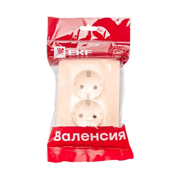 Валенсия Розетка 2-местная с/з 16А кремовая с защ, штор, EKF — фото 3
