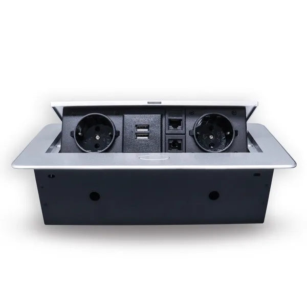 Розетка горизонтальная выдвижная 2 Euro 16А, 2 USB A с блоком 5В/2.1А, 2 RJ45 RocketSocket, проводка, цвет серый — фото 2