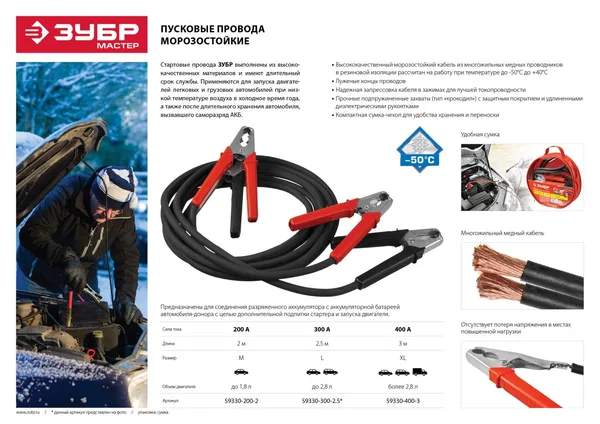 Пусковые провода 300 А, 2.5 м, морозостойкие, в сумке, ЗУБР — фото 2
