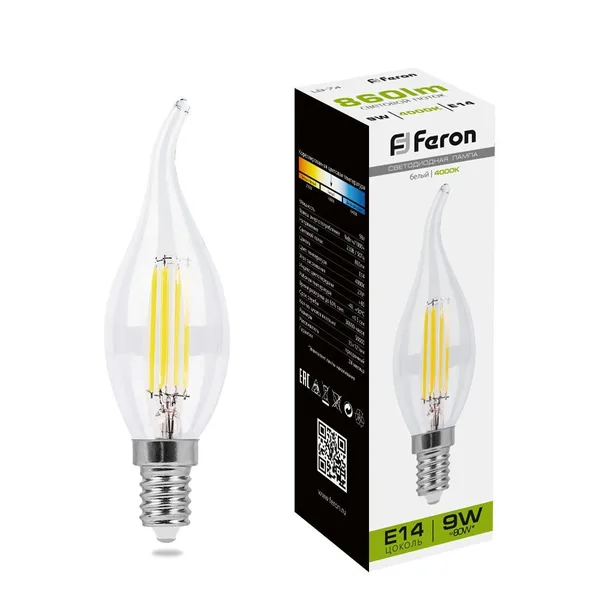 Лампа светодиодная Feron LB-74 Свеча на ветру прозрачн. E14 9W 4000K