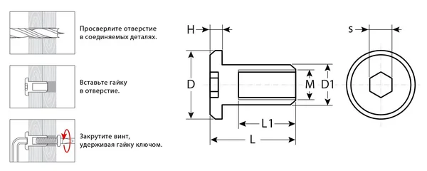 Гайка Эриксона с плоской головкой, M6x12мм, 5 кг (755 шт), оцинкованная, шест. 4мм, ЗУБР — фото 2