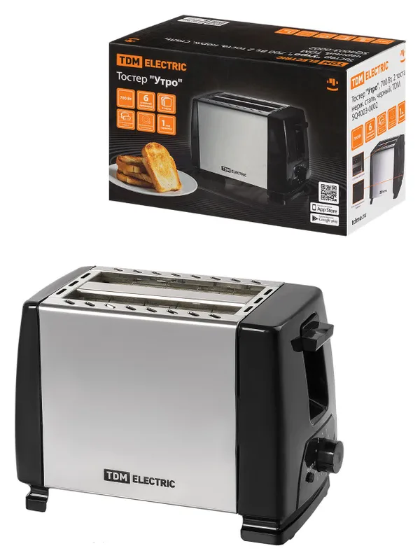 Тостер "Утро", 700 Вт, 2 тоста, нерж. сталь, черный, TDM — фото 2