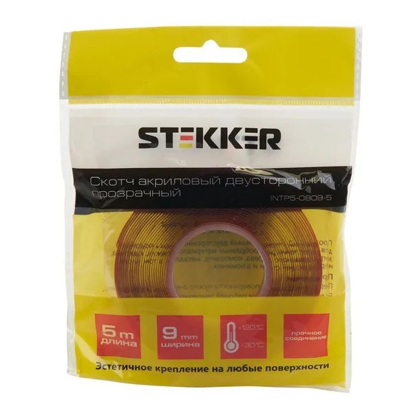 Скотч акриловый двусторонний STEKKER INTP5-0809-5 0,8*9 мм,длина 5м, прозрачный, красная подложка — фото 3