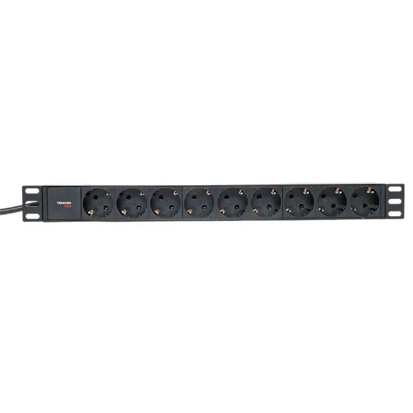 Блок розеток PDU TERACOM PRO 19" 1U 16А/250В 9 розеток Schuko шнур питания длиной 2 метра сечение 3x1,5 мм2 вилка Schuko корпус пластик черный EKF — фото 2