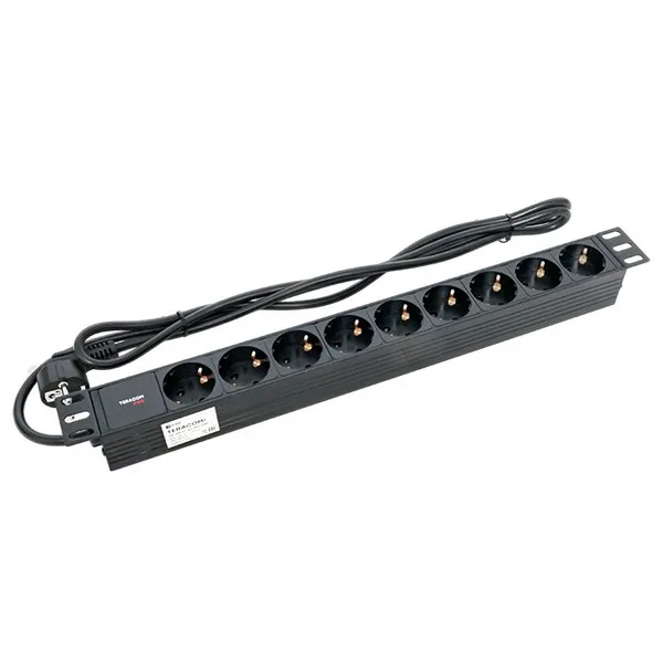 Блок розеток PDU TERACOM PRO 19" 1U 16А/250В 9 розеток Schuko шнур питания длиной 2 метра сечение 3x1,5 мм2 вилка Schuko корпус пластик черный EKF — фото 4