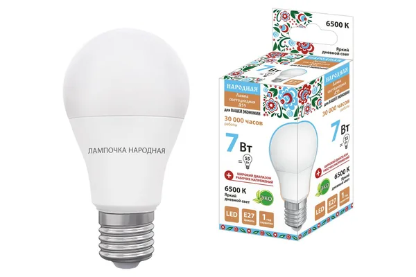 Лампа светодиодная НЛ-LED-A55-7 Вт-230 В-6500 К-Е27, (55х98 мм), Народная TDM