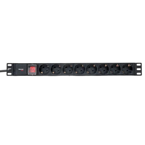 Блок розеток PDU TERACOM PRO 19" 1U 16А/250В 8 розеток Schuko с выключателем шнур питания длиной 2 метра сечение 3x1,5 мм2 вилка Schuko корпус пластик EKF — фото 2