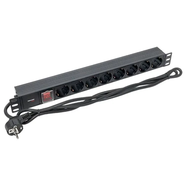 Блок розеток PDU TERACOM PRO 19" 1U 16А/250В 8 розеток Schuko с выключателем шнур питания длиной 2 метра сечение 3x1,5 мм2 вилка Schuko корпус пластик EKF — фото 3