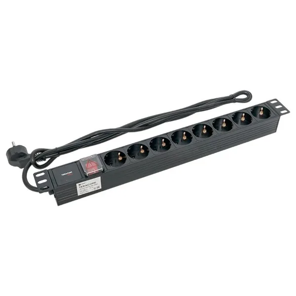 Блок розеток PDU TERACOM PRO 19" 1U 16А/250В 8 розеток Schuko с выключателем шнур питания длиной 2 метра сечение 3x1,5 мм2 вилка Schuko корпус пластик EKF — фото 4