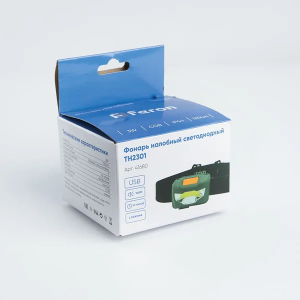 Фонарь налобный Feron TH2301 с аккумулятором 3W 1COB USB IP44, пластик — фото 3