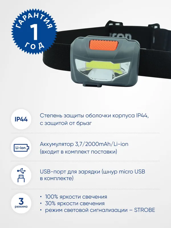 Фонарь налобный Feron TH2301 с аккумулятором 3W 1COB USB IP44, пластик — фото 4