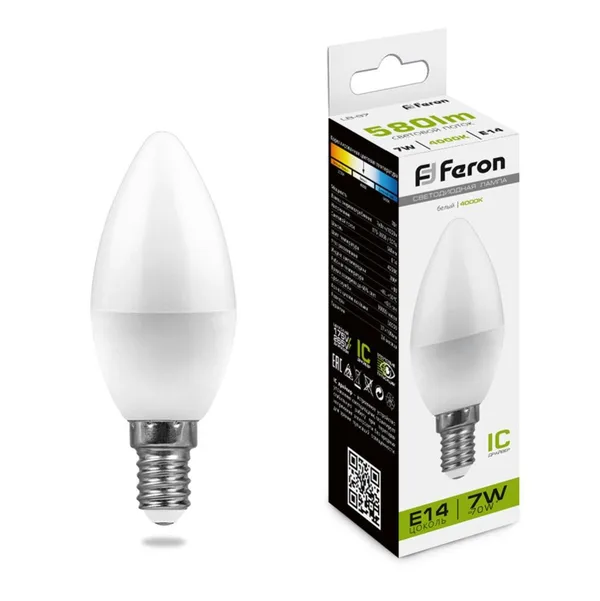Лампа светодиодная Feron LB-97 Свеча E14 7W 4000K — фото 2