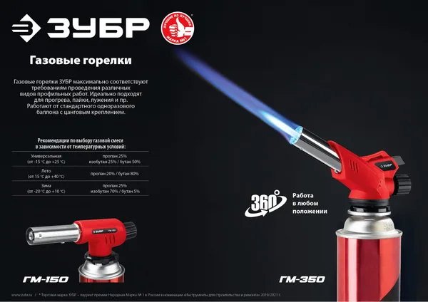 Газовая горелка ГМ-150 с пьезоподжигом, на баллон с цанговым соединением, 1300°С ЗУБР — фото 7