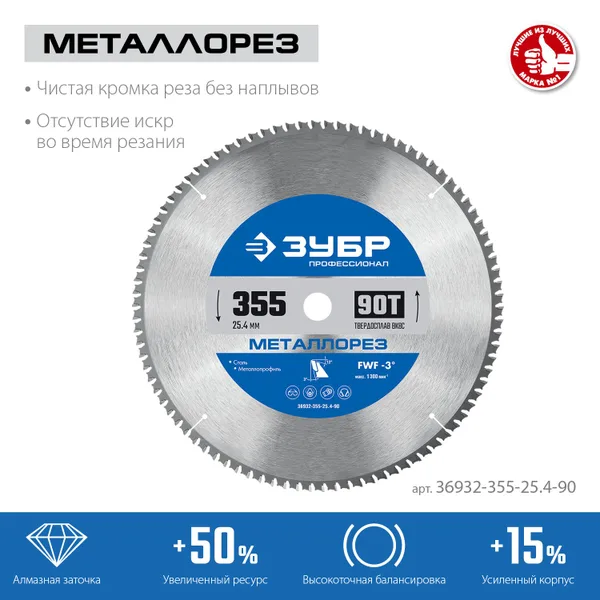 Металлорез 355х25.4мм 90Т, диск пильный по металлу и металлопрофилю ЗУБР — фото 2