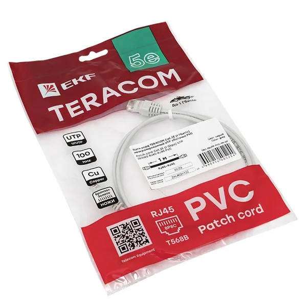 Патч-корд TERACOM Cat,5E (1Гбит/с) неэкранированный UTP оболочка PVC серый (1м) EKF — фото 4