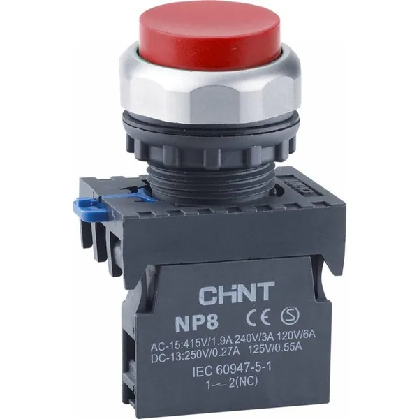 Кнопка упр. выступ., NP8-01GN/4 без подстветки, самовозв., красн., 1НЗ, IP65 (R) CHINT