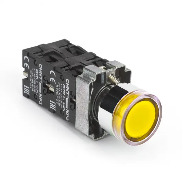 Кнопка управления NP2-BW3565 плоская, желтая, 1НО+1НЗ, AC/DC230В (LED), IP40 (R) CHINT