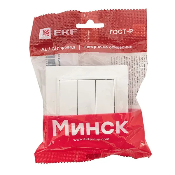 Минск Выключатель 3-клавишный СП,10А, белый EKF — фото 4