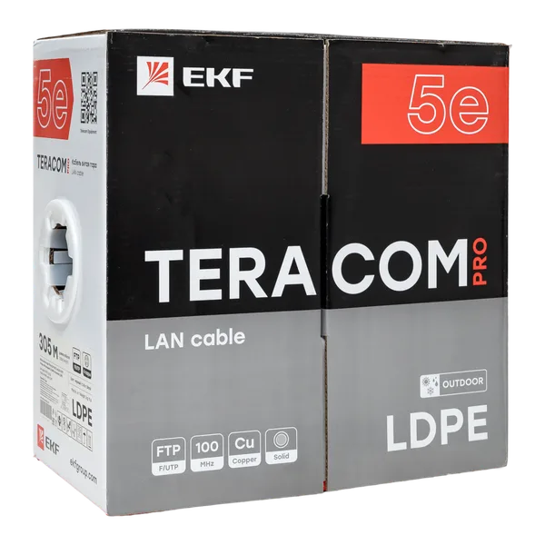 Кабель витая пара TERACOM PRO Cat,5E F/UTP 4 пары solid внешний 24AWG оболочка LDPE цвет черный (упак, 305м) EKF — фото 3