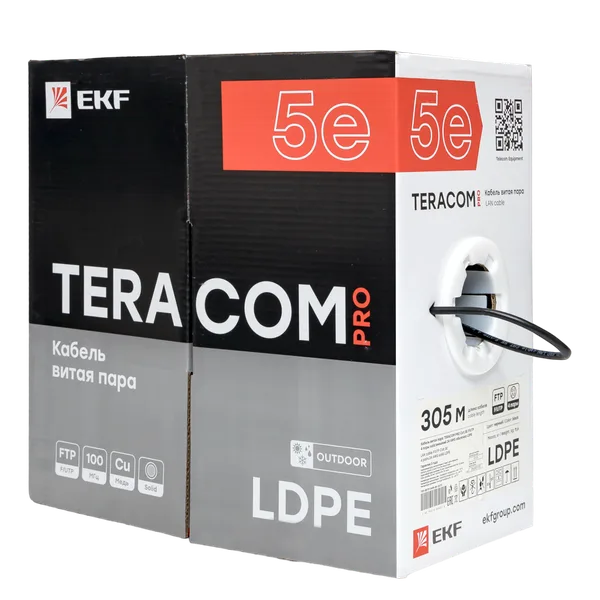 Кабель витая пара TERACOM PRO Cat,5E F/UTP 4 пары solid внешний 24AWG оболочка LDPE цвет черный (упак, 305м) EKF — фото 4