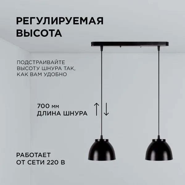 16-63 (1113/2) Светильник декоративный, подвесной, 230В/50Гц, 2хЕ27, мах 40Вт, 415х700х13мм, IP20, металл, чёрный, крепление на планку, лампа в комлек APEYRON — фото 2