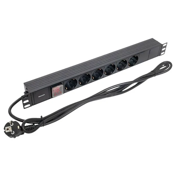 Блок розеток PDU TERACOM 19" 1U 16А/250В 6 розеток Schuko с выключателем шнур питания длиной 2 метра сечение 3x1,5 мм2 вилка Schuko корпус пластик чер EKF — фото 4