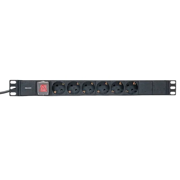 Блок розеток PDU TERACOM 19" 1U 16А/250В 6 розеток Schuko с выключателем шнур питания длиной 2 метра сечение 3x1,5 мм2 вилка Schuko корпус пластик чер EKF — фото 2